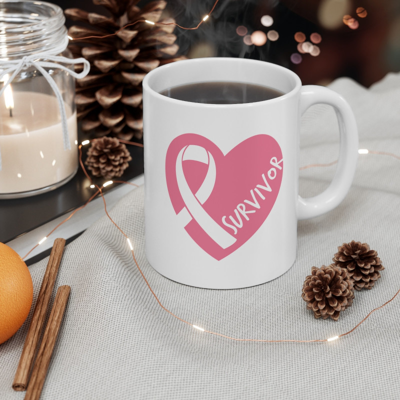 Breast Cancer Survivor Pink Ribbon Heart Gift Mug 11oz